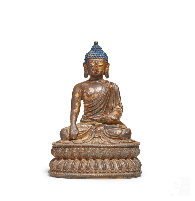 十八/十九世紀 銅鎏金漆彩釋迦牟尼像 | A LACQUERED AND GILT BRONZE FIGURE OF BUDDHA SHAKYAMUNI